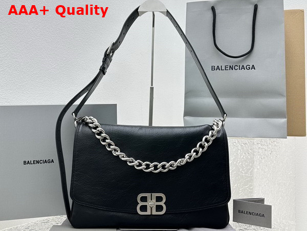 Balenciaga BB Soft Large Flap Bag in Black Peach Calfskin Aged Silver Hardware Replica