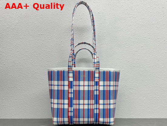 Balenciaga Barbes Medium East West Shopper Bag in Blue White and Red Check Printed and Embossed Calfskin Replica