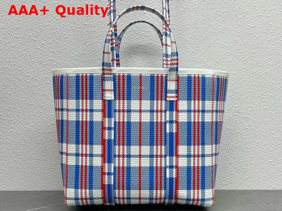 Balenciaga Barbes Medium East West Shopper Bag in Blue White and Red Check Printed and Embossed Calfskin Replica