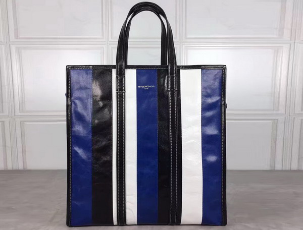 Balenciaga Bazar Shopper M Black and Blue and White Arena Leather Stripes For Sale