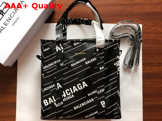 Balenciaga Bazar Shopper S Black Lambskin with Allover Printed Balenciaga Logo Replica