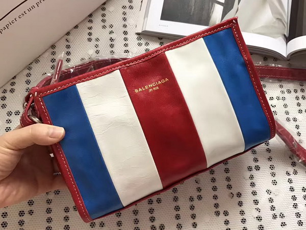 Balenciaga Bazar Strap Clutch Blue and White and Red Arena Leather For Sale