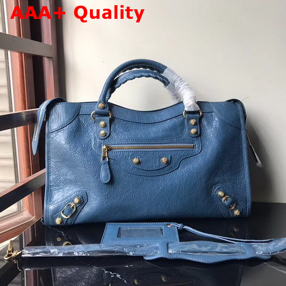 Balenciaga Classic City Bag New Blue Crackle Lambskin Replica