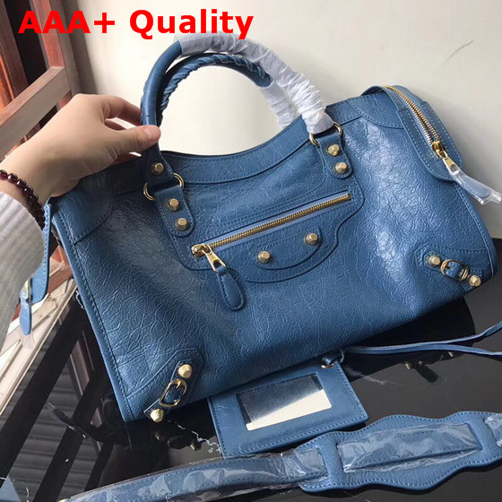 Balenciaga Classic City Bag New Blue Crackle Lambskin Replica