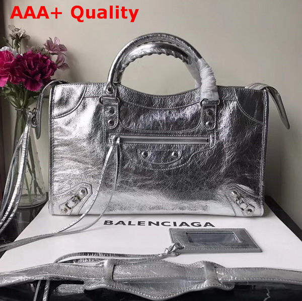 Balenciaga Classic City Bag Silver Crackle Lambskin Replica