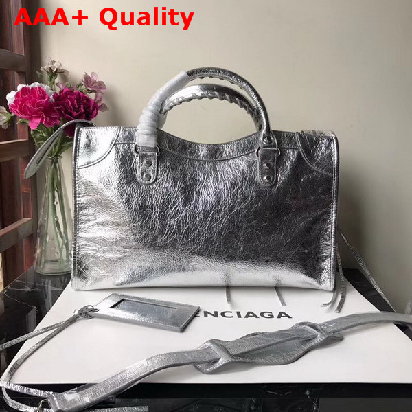 Balenciaga Classic City Bag Silver Crackle Lambskin Replica