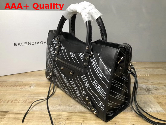 Balenciaga Classic City Handbag Black Allover Balenciaga Logo Replica