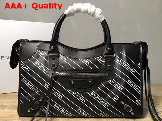 Balenciaga Classic City Handbag Black Allover Balenciaga Logo Replica