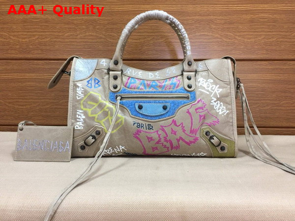 Balenciaga Classic Graffiti City Handbag in Light Grey Lambskin Replica