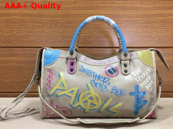 Balenciaga Classic Graffiti City Handbag in Light Grey Lambskin Replica