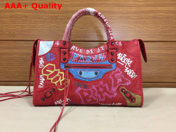 Balenciaga Classic Graffiti City Handbag in Red Lambskin Replica