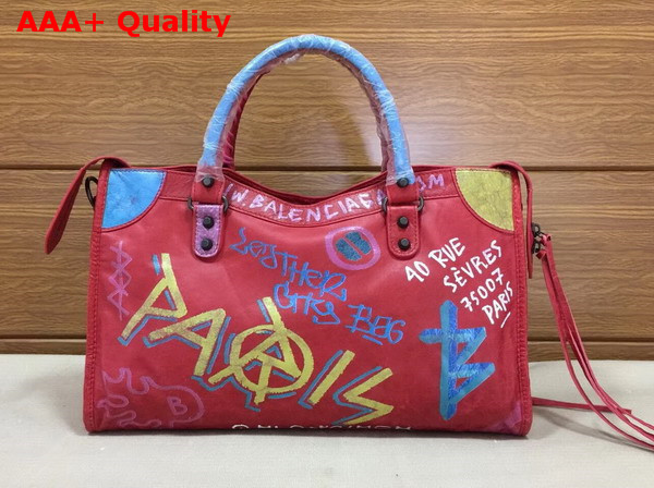 Balenciaga Classic Graffiti City Handbag in Red Lambskin Replica