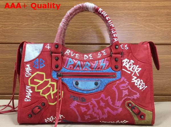 Balenciaga Classic Graffiti City Handbag in Red Lambskin Replica