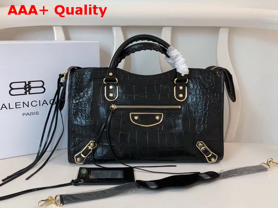 Balenciaga Classic Metallic Edge City Handbag Black Crocodile Effect Replica