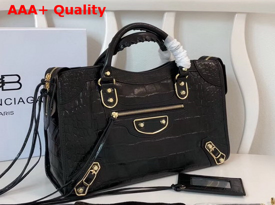 Balenciaga Classic Metallic Edge City Handbag Black Crocodile Effect Replica