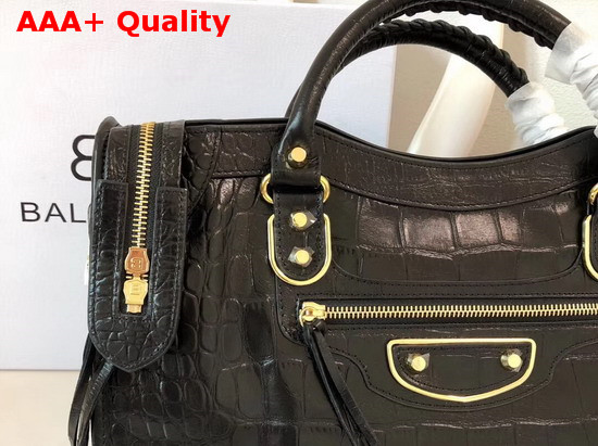 Balenciaga Classic Metallic Edge City Handbag Black Crocodile Effect Replica