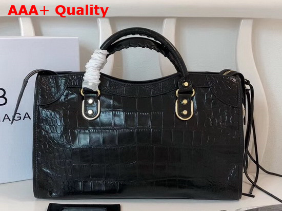 Balenciaga Classic Metallic Edge City Handbag Black Crocodile Effect Replica