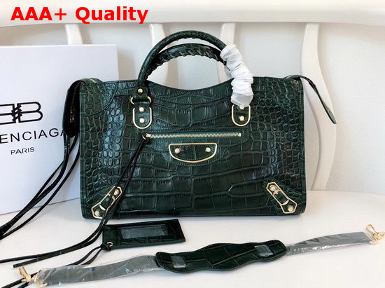 Balenciaga Classic Metallic Edge City Handbag Green Crocodile Effect Replica