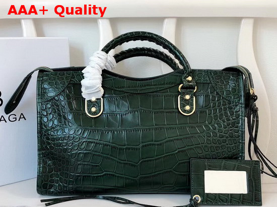 Balenciaga Classic Metallic Edge City Handbag Green Crocodile Effect Replica