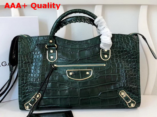 Balenciaga Classic Metallic Edge City Handbag Green Crocodile Effect Replica