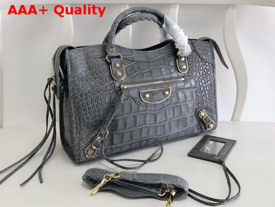 Balenciaga Classic Metallic Edge City Handbag Grey Crocodile Effect Replica