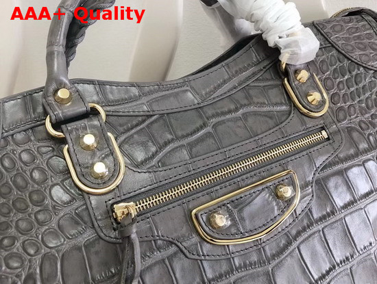 Balenciaga Classic Metallic Edge City Handbag Grey Crocodile Effect Replica