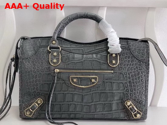 Balenciaga Classic Metallic Edge City Handbag Grey Crocodile Effect Replica