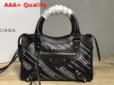 Balenciaga Classic Mini City Handbag Black Allover Balenciaga Logo Replica