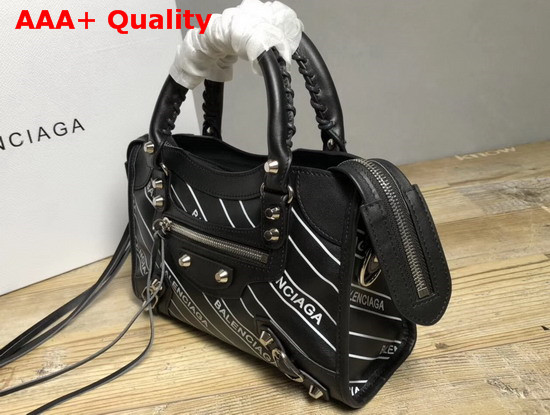 Balenciaga Classic Mini City Handbag Black Allover Balenciaga Logo Replica