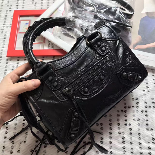 Balenciaga Classic Mini City Handbag in Black Soft Crafted Vintage Lambskin Black Metal For Sale