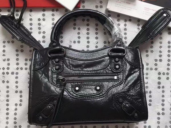 Balenciaga Classic Mini City Handbag in Black Soft Crafted Vintage Lambskin Black Metal For Sale