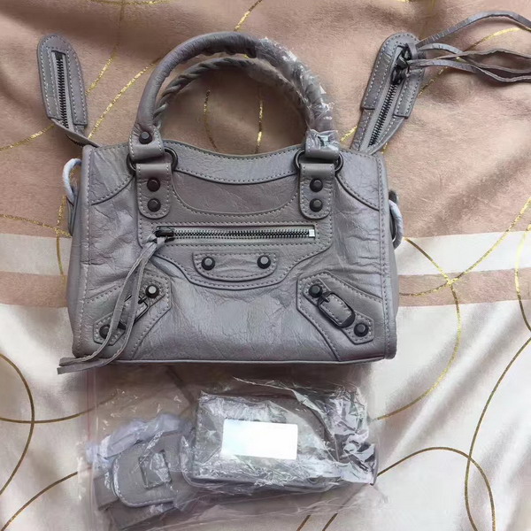 Balenciaga Classic Mini City Handbag in Light Grey Soft Crafted Vintage Lambskin For Sale