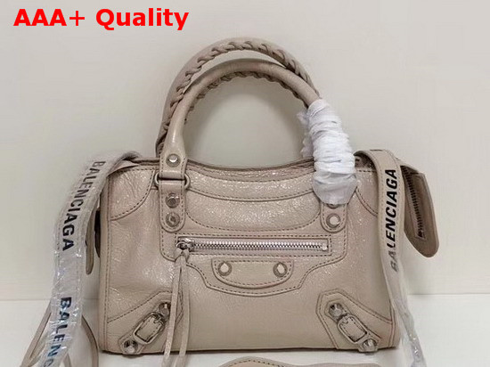 Balenciaga Classic Silver Mini City Logo Strap Beige Lambskin Replica