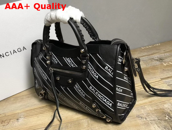 Balenciaga Classic Small City Handbag Black Allover Balenciaga Logo Replica