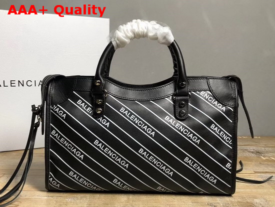 Balenciaga Classic Small City Handbag Black Allover Balenciaga Logo Replica