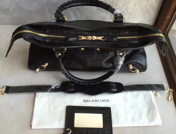 Balenciaga Croc Effect City Bag in Black Embossed Calfskin For Sale