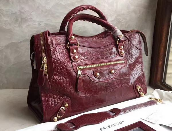 Balenciaga Croc Effect City Bag in Bordeaux Embossed Calfskin For Sale