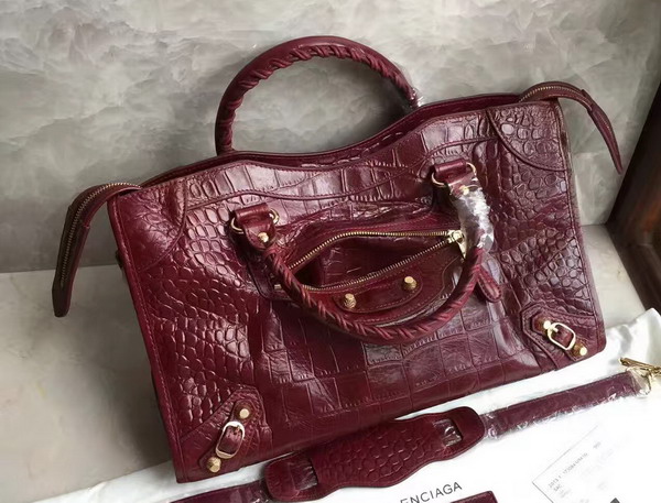 Balenciaga Croc Effect City Bag in Bordeaux Embossed Calfskin For Sale