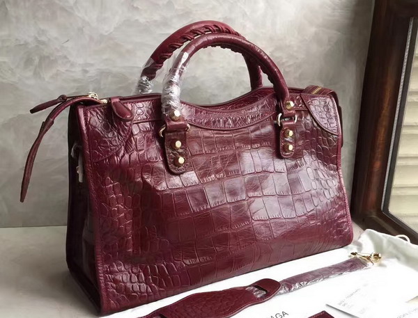 Balenciaga Croc Effect City Bag in Bordeaux Embossed Calfskin For Sale