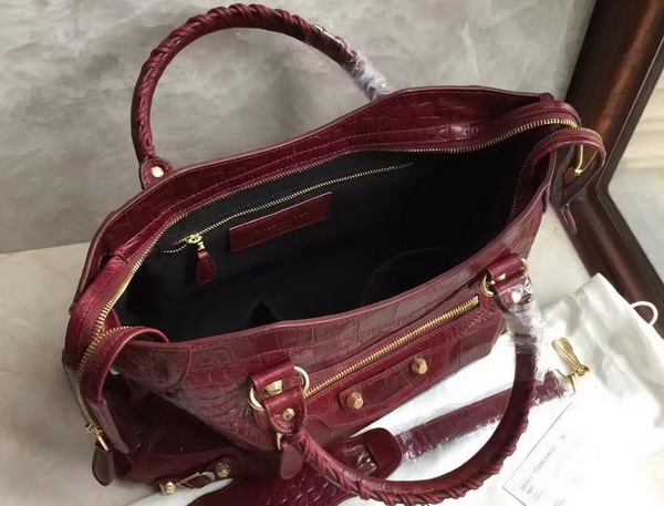 Balenciaga Croc Effect City Bag in Bordeaux Embossed Calfskin For Sale