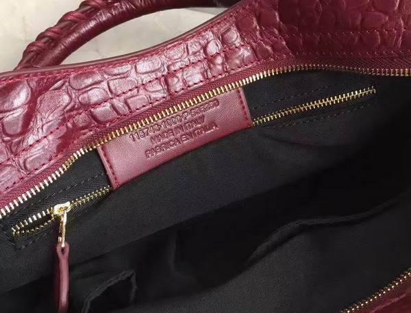 Balenciaga Croc Effect City Bag in Bordeaux Embossed Calfskin For Sale