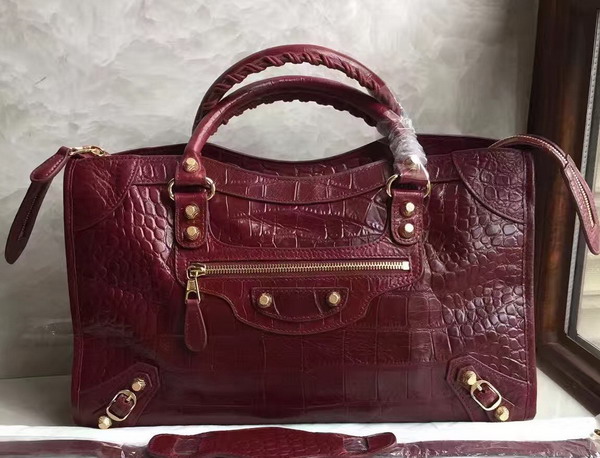 Balenciaga Croc Effect City Bag in Bordeaux Embossed Calfskin For Sale