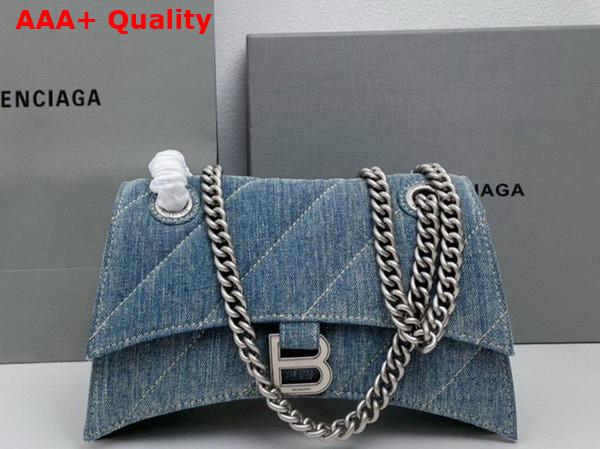 Balenciaga Crush Small Chain Bag Quilted in Blue Washed Denim Aged Silver Hardware Replica