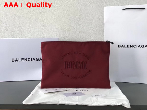 Balenciaga Explorer Pouch Burgundy Nylon Pouch with Homme Embroidered On The Front Replica