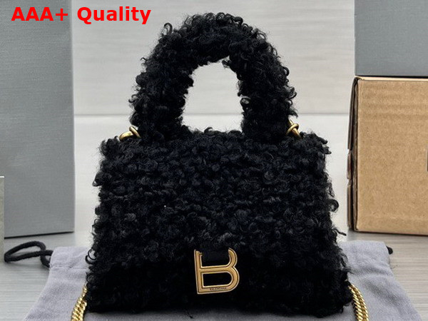 Balenciaga Furry Hourglass Mini Handbag With Chain in Black Technical Material and Lambskin Replica