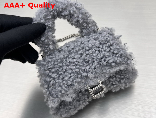 Balenciaga Furry Hourglass Mini Handbag With Chain in Grey Technical Material and Lambskin Replica