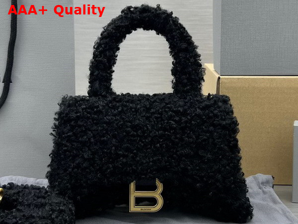 Balenciaga Furry Hourglass XS Handbag With Strap in Black Technical Material and Lambskin Replica