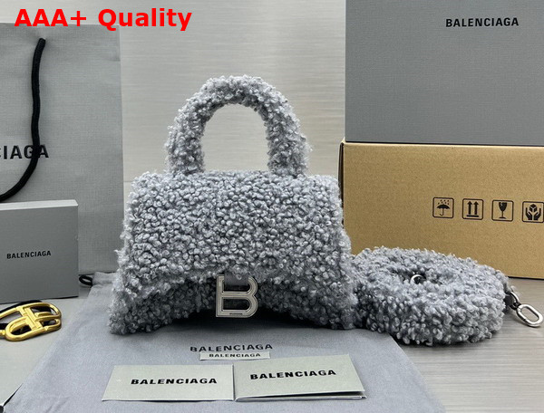 Balenciaga Furry Hourglass XS Handbag With Strap in Grey Technical Material and Lambskin Replica