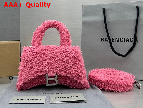 Balenciaga Furry Hourglass XS Handbag With Strap in Pink Technical Material and Lambskin Replica