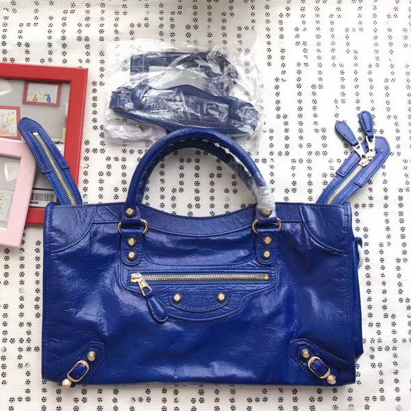 Balenciaga Gaint 12 Gold Medium City Handbag in Electric Blue Soft Crafted Vintage Lambskin For Sale